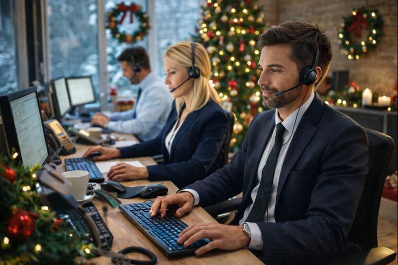 Business professionals using computers and headsets in a modern office with holiday decorations, representing reliable telecom communication during December.