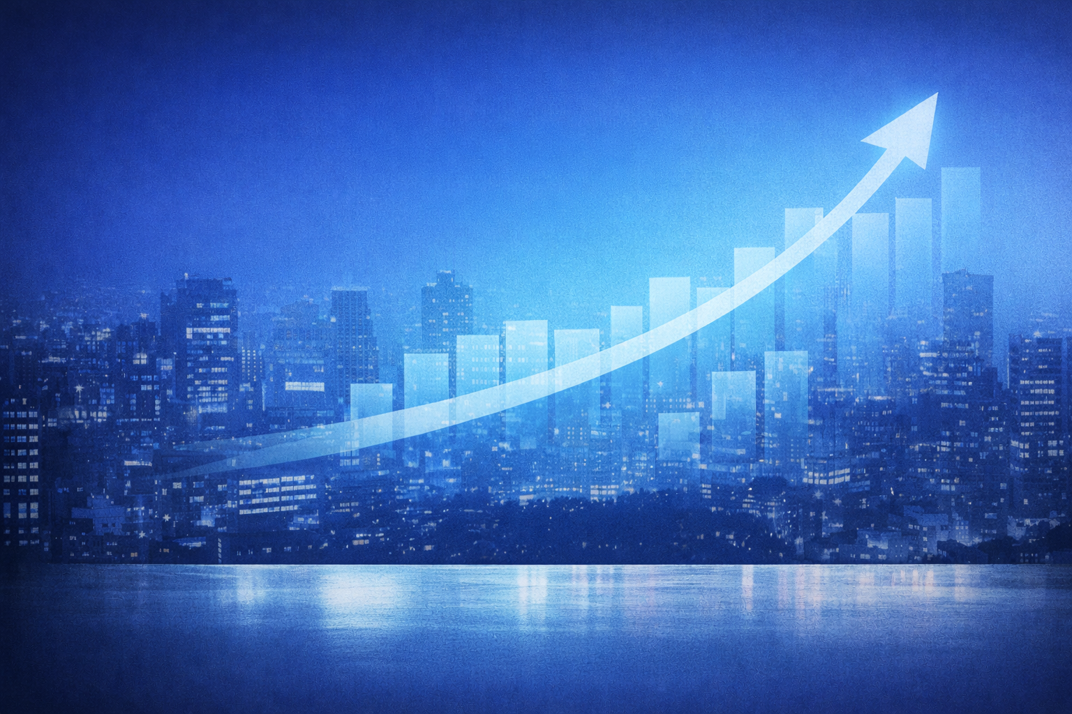 Blue city skyline background with upward arrow and rising bar graph representing business growth and telecom scalability.