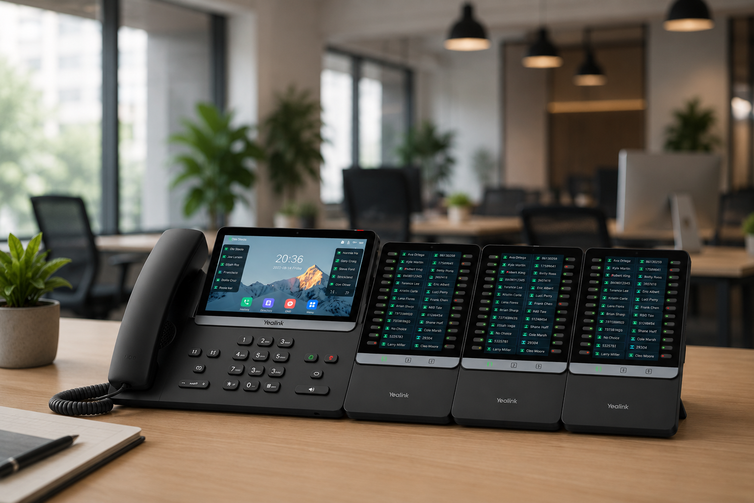 Modern business VoIP phone system featuring a touchscreen desk phone with three expansion modules on a clean office desk. The communication equipment is displayed in a professional corporate workspace with natural light, contemporary furnishings, and a blurred office background, showcasing advanced business communication technology for high-volume call management and customer service operations.